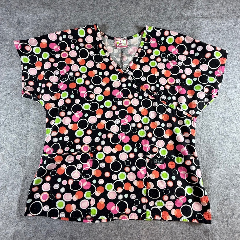 Peaches Uniforms IZZU Scrub Top Women's Polka Dot V Neck Black MULTICOLOR